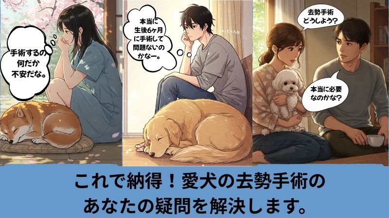 オス犬の去勢手術の時期や必要性について、「生後6ヶ月？」「本当に必要？」といった不安や疑問を抱える複数の飼い主たちのイラスト。悩みが解決し、納得できることを示すタイトル「愛犬の去勢手術のあなたの疑問を解決します」入り。