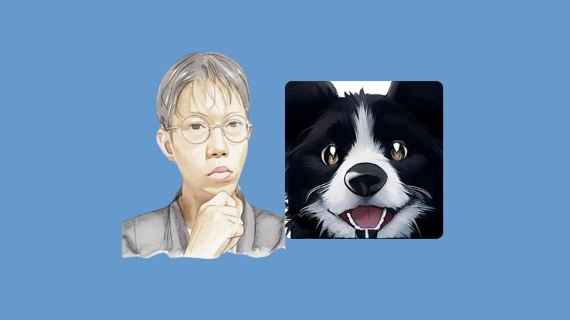 セミナー講師であるドッグトレーナーの内野氏と愛犬(ボーダーコリー)のイラスト。去勢手術セミナーの専門家として、信頼感と親しみやすさを伝える画像。