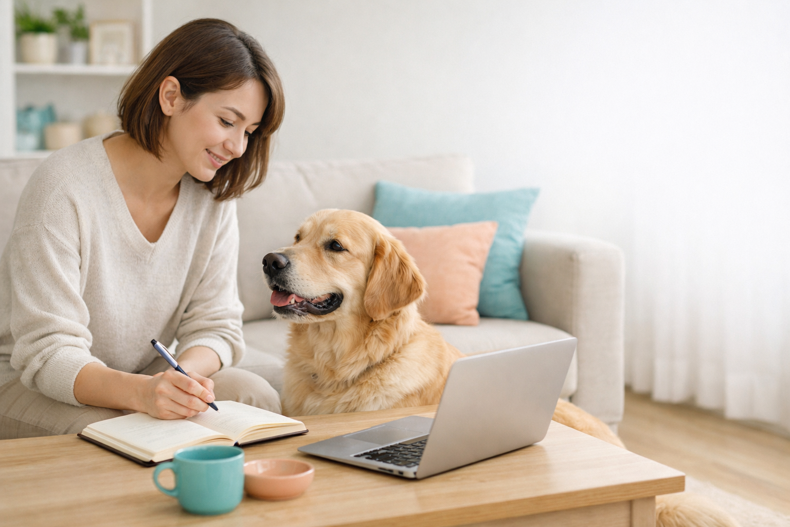 愛犬の様子を見ながらノートにメモを取る飼い主とノートPC