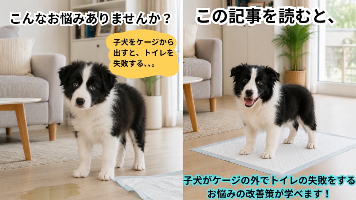 子犬をケージから出すとトイレを失敗する悩みと、ケージの外でトイレトレーニングを成功させる方法を表したアイキャッチ画像